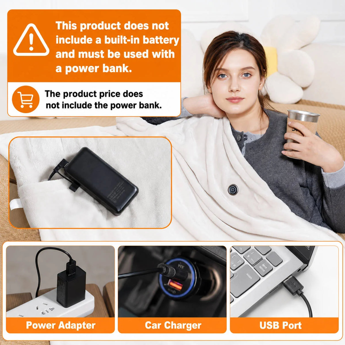 Heated Blanket Cordless USB-Powered 9 Heating Zones