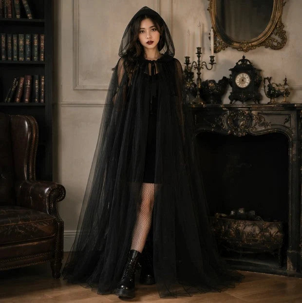 Hooded Cape Sheer Tulle Self-Tie Neck