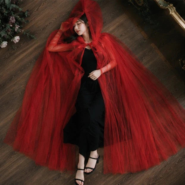 Hooded Cape Sheer Tulle Self-Tie Neck