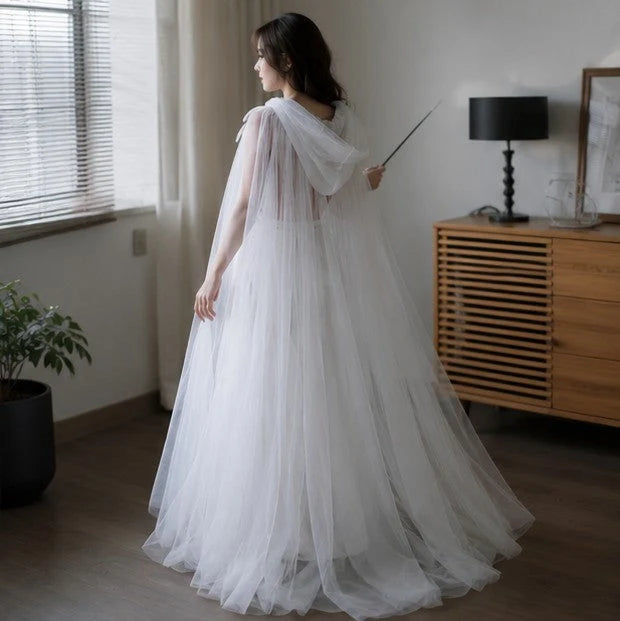 Hooded Cape Sheer Tulle Self-Tie Neck