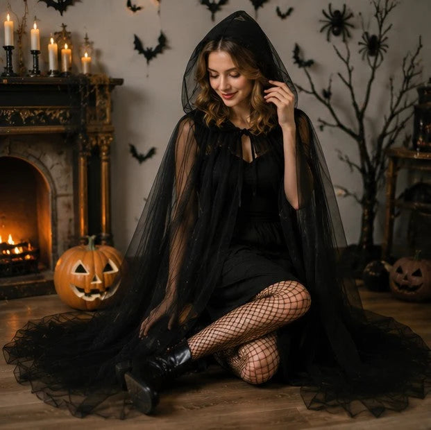 Hooded Cape Sheer Tulle Self-Tie Neck