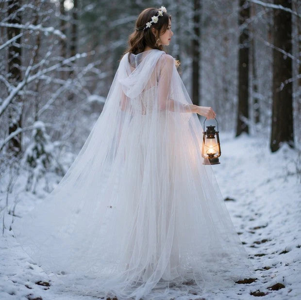 Hooded Cape Sheer Tulle Self-Tie Neck