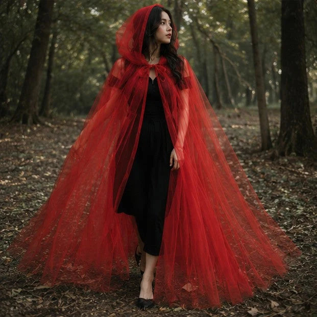 Hooded Cape Sheer Tulle Self-Tie Neck