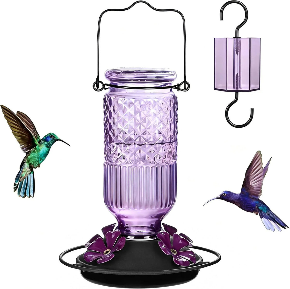 Hummingbird Feeder Glass Bottle Bee Guards & Ant Moat 16 Oz