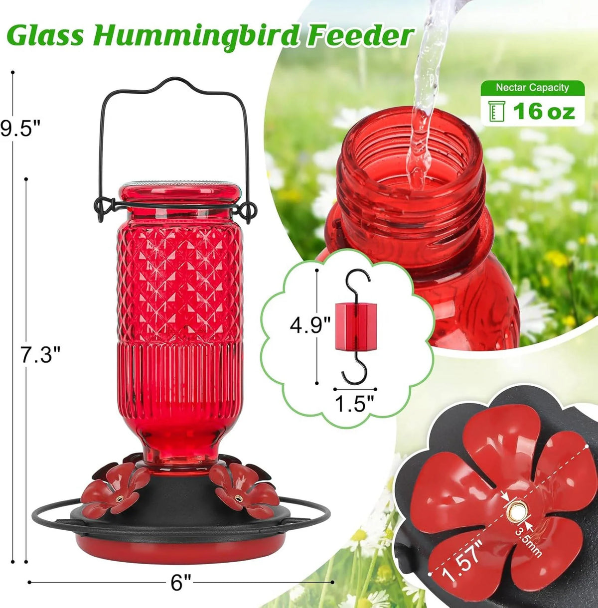 Hummingbird Feeder Glass Bottle Bee Guards & Ant Moat 16 Oz