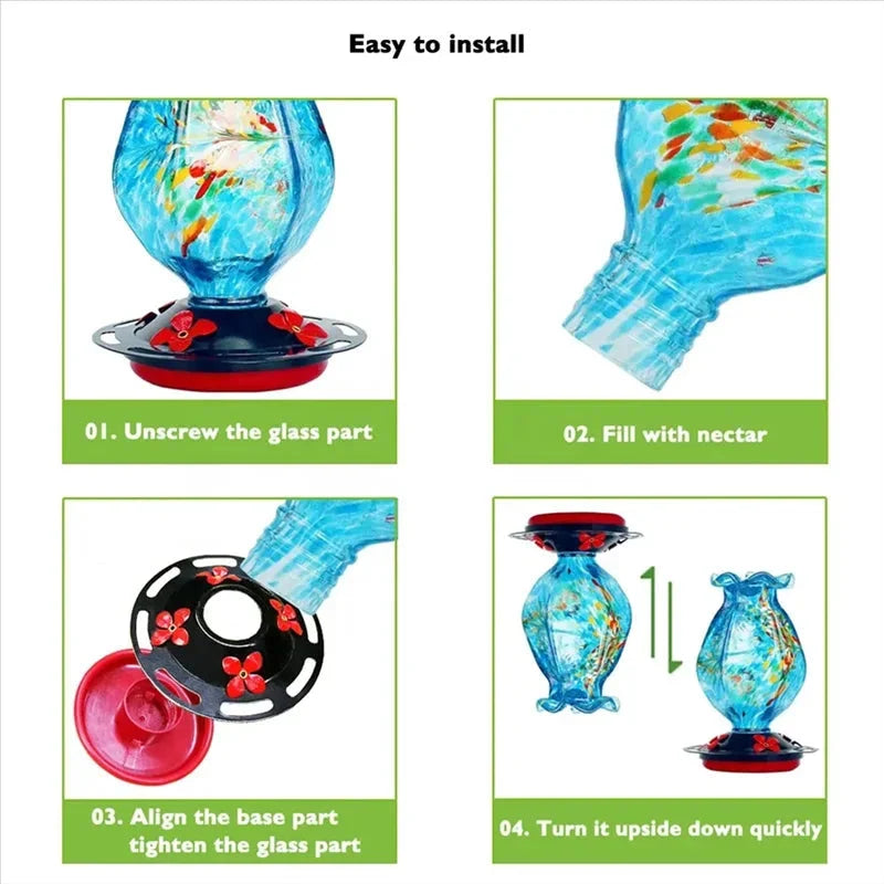 Hummingbird Feeder Hand-Blown Glass Bee-Proof Ports & Ant Moat