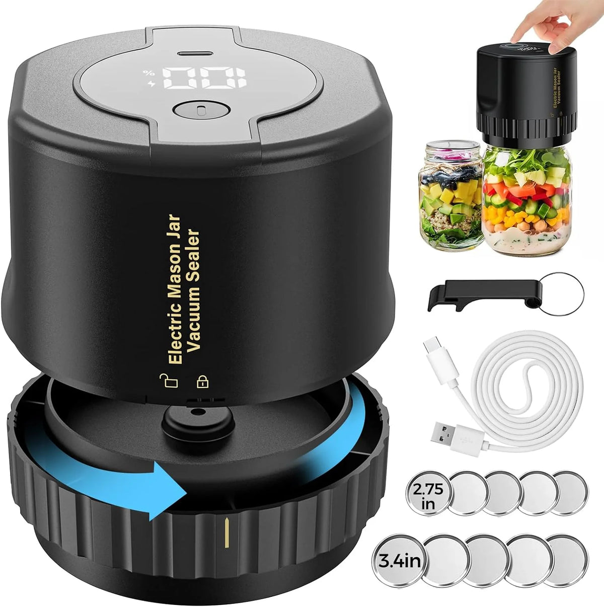 Jar Vacuum Sealer One-Touch Cordless Rechargeable