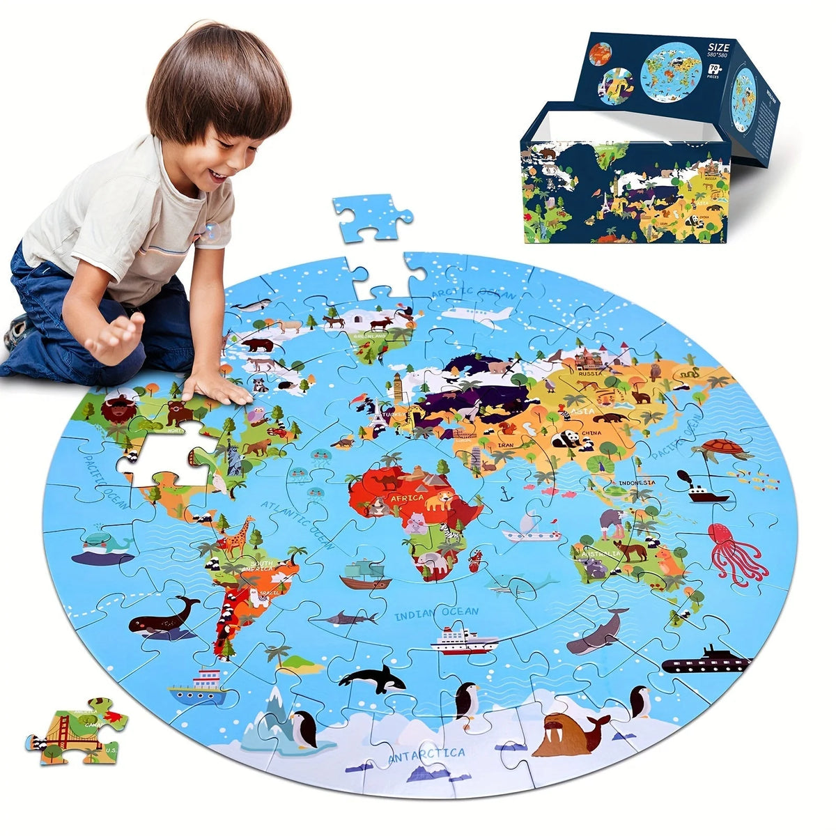 Kids Floor Puzzle Round World Map 70 Pieces