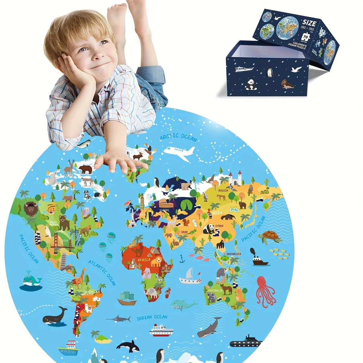Kids Floor Puzzle Round World Map 70 Pieces