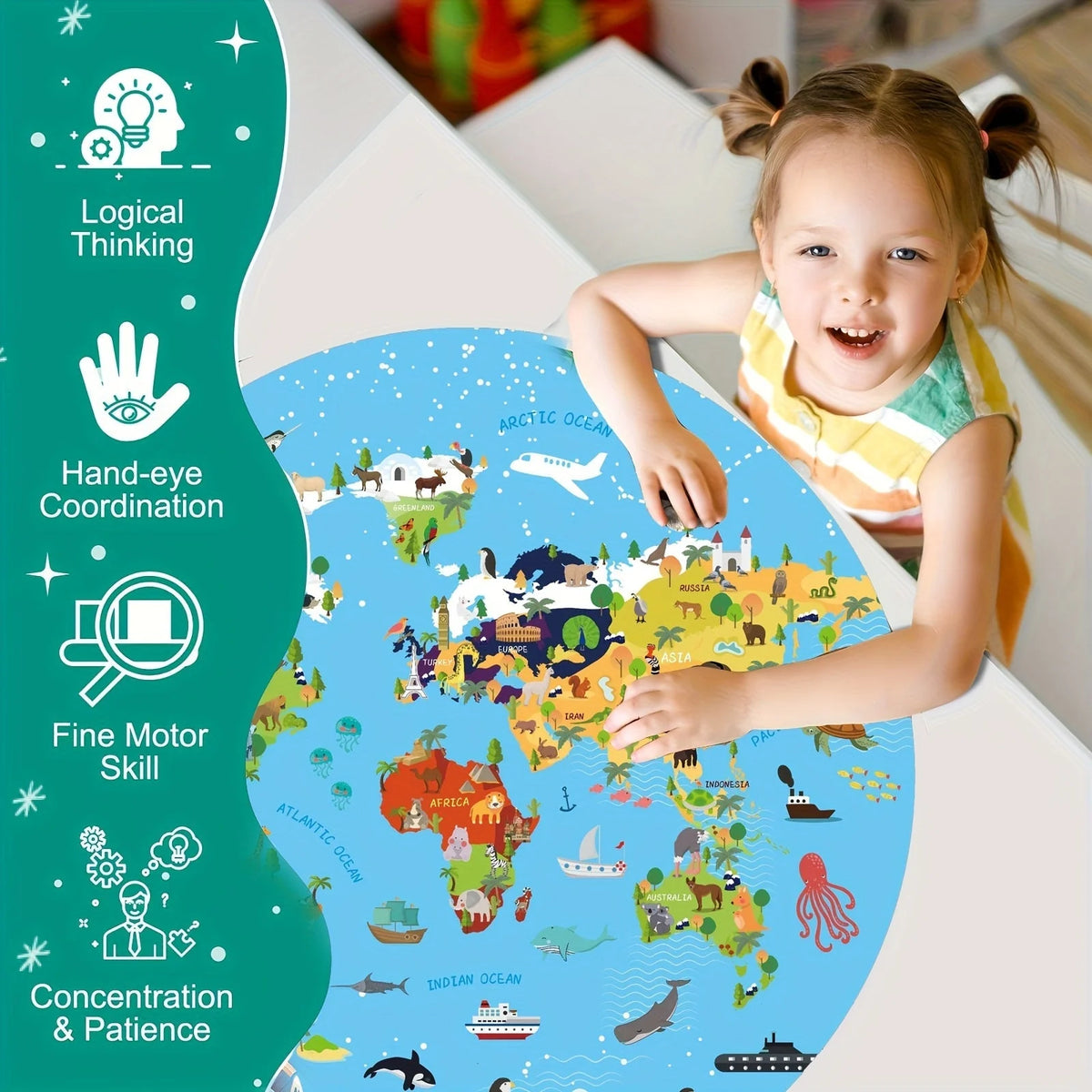 Kids Floor Puzzle Round World Map Animal Motifs 70 Pieces