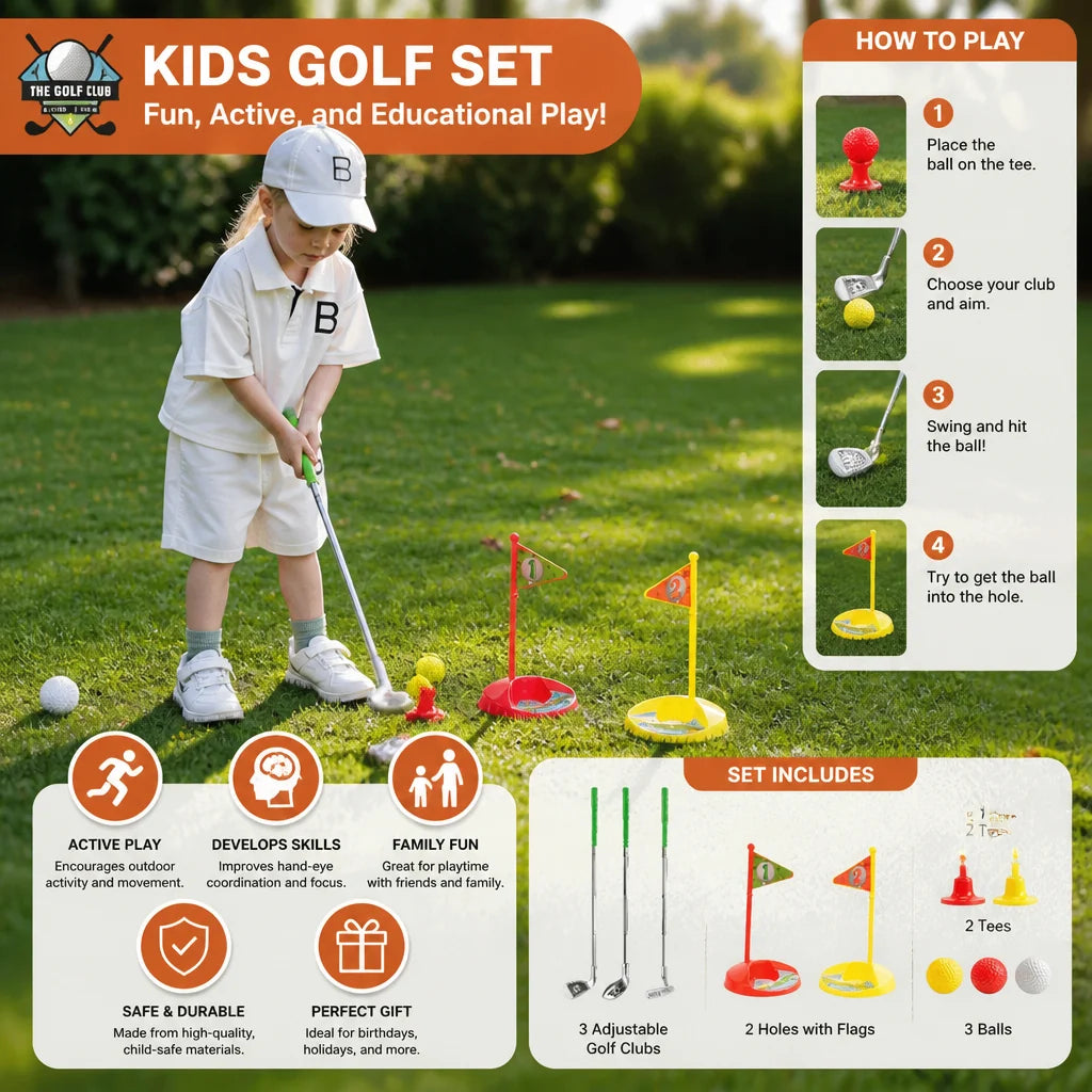 Kids Golf Set Height-Adjustable Clubs With Flags & Balls