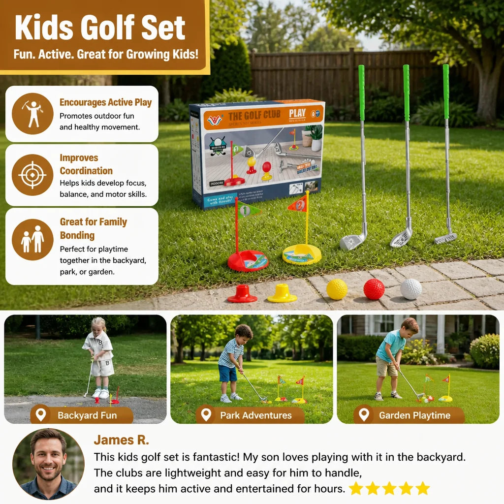 Kids Golf Set Height-Adjustable Clubs With Flags & Balls