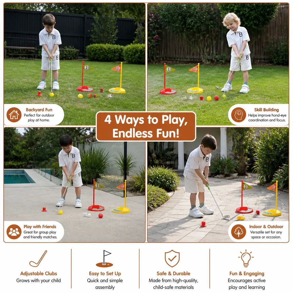 Kids Golf Set Height-Adjustable Clubs With Flags & Balls