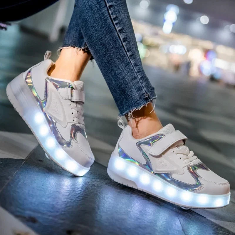 Kids Roller Shoes Fold-Out Wheels & Rechargeable LED Sole