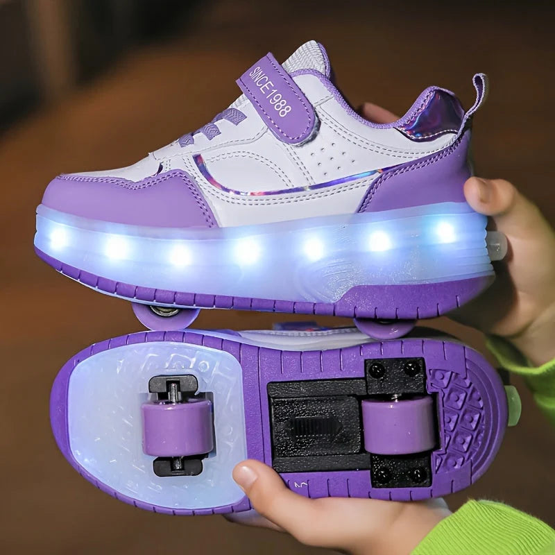 Kids Roller Skate Sneakers Fold-Out Wheels Rechargeable LED Sole