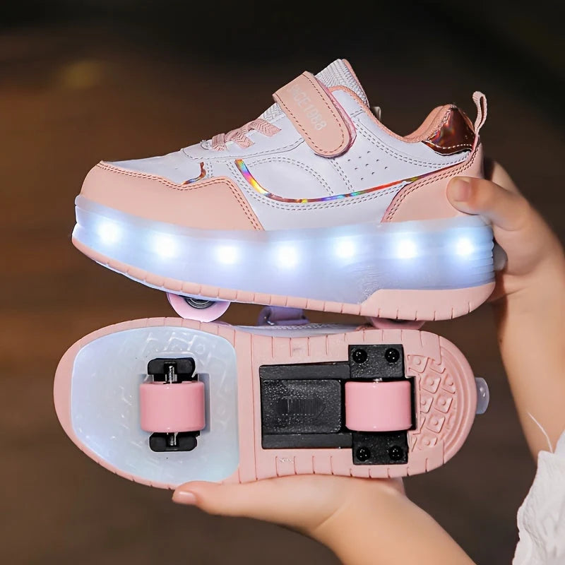 Kids Roller Skate Sneakers Fold-Out Wheels Rechargeable LED Sole