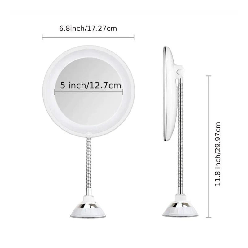 LED Makeup Mirror 10x Magnification Flexible Arm Suction Mount