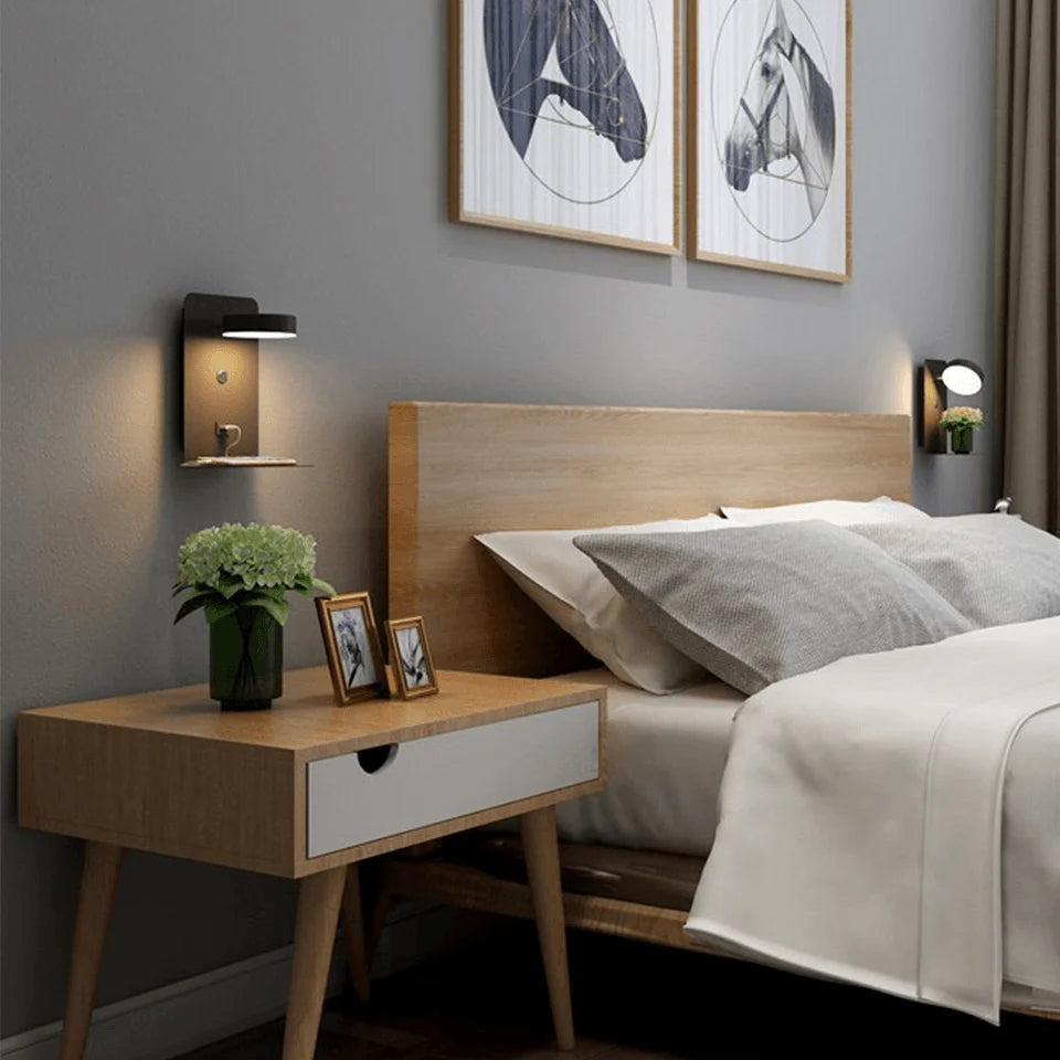 LED Wall Lamp Reading Light Phone Shelf & Charger