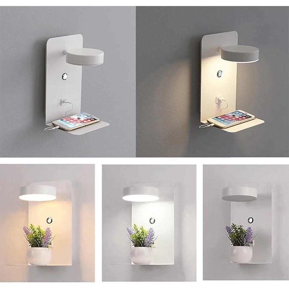 LED Wall Lamp Reading Light Phone Shelf & Charger