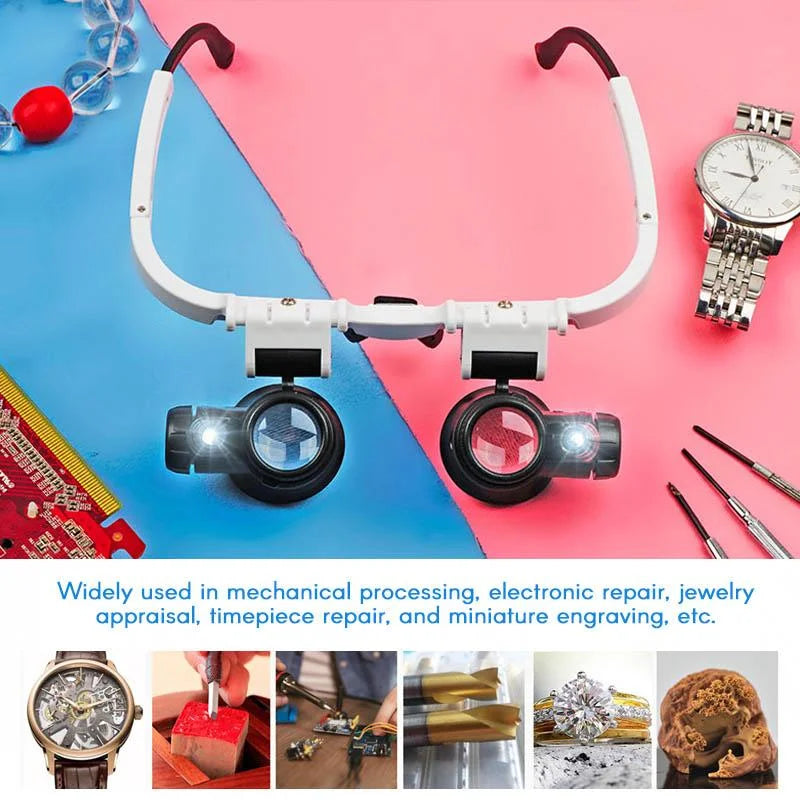Magnifier Headset Interchangeable Lenses 8x 15x 23x Dual LEDs
