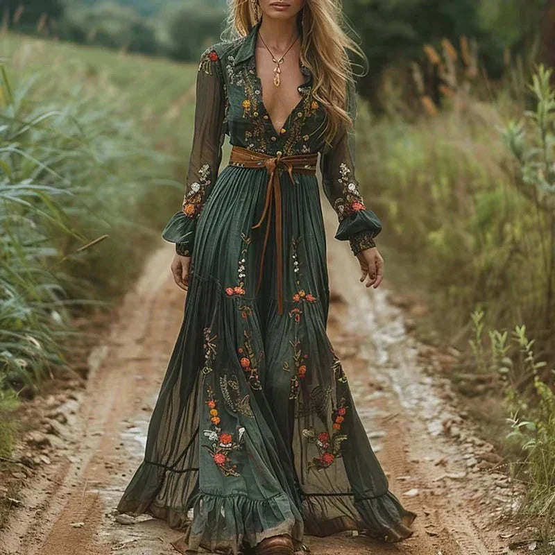 Maxi Dress Long Sleeve Floral Tiered Skirt