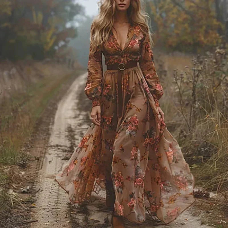 Maxi Dress Long Sleeve Floral Tiered Skirt