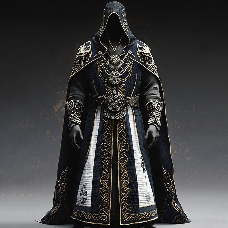 Medieval Costume Robe Hooded Celtic Embroidery Floor-Length