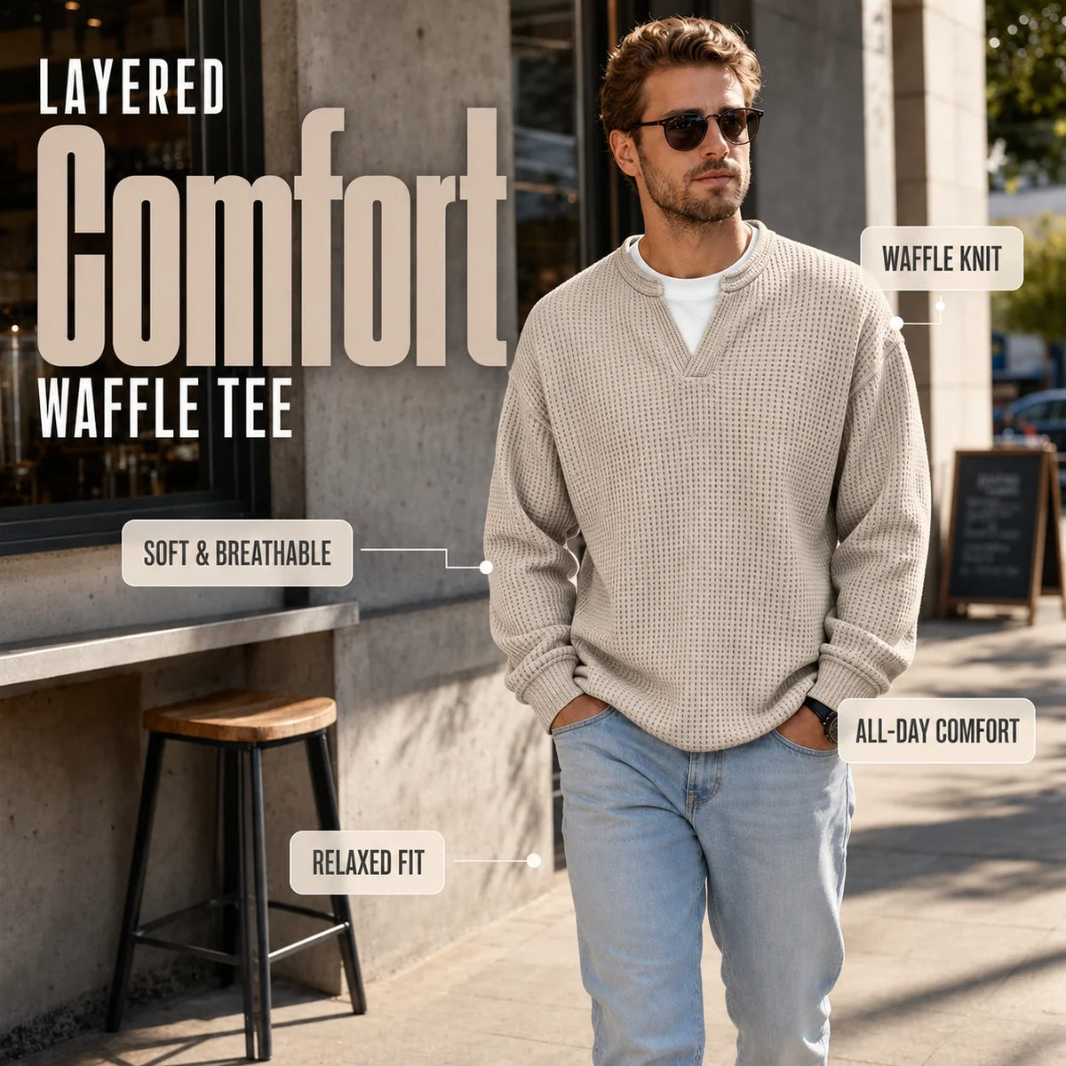 Men’s Long Sleeve T-Shirt Waffle Knit Faux Layered Look Relaxed Fit