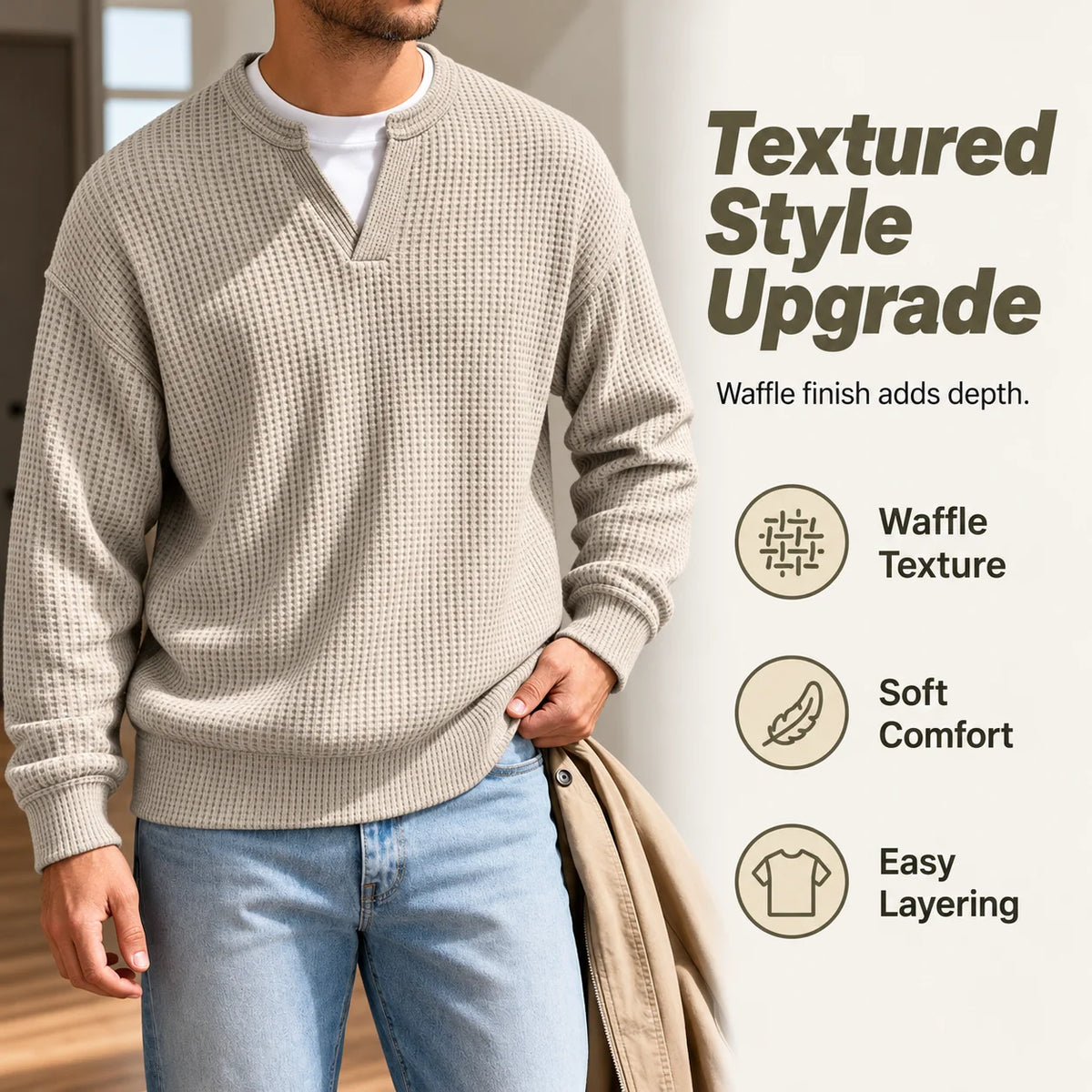 Men’s Long Sleeve T-Shirt Waffle Knit Faux Layered Look Relaxed Fit