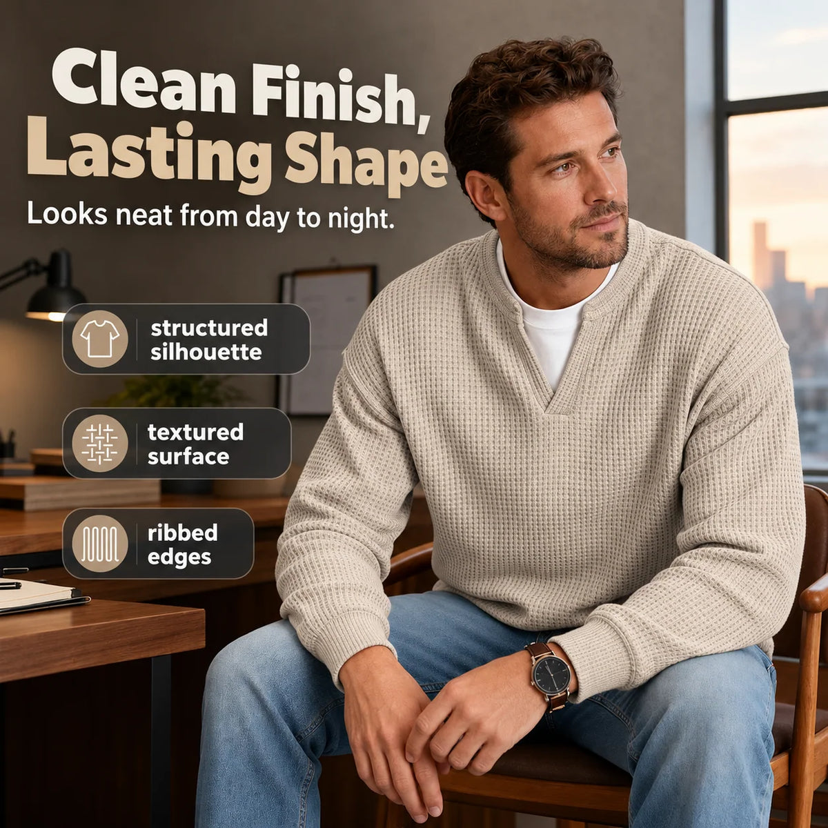 Men’s Long Sleeve T-Shirt Waffle Knit Faux Layered Look Relaxed Fit