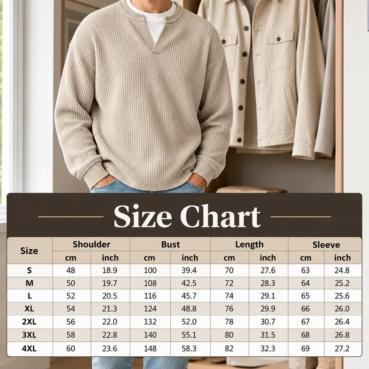 Men’s Long Sleeve T-Shirt Waffle Knit Faux Layered Look Relaxed Fit