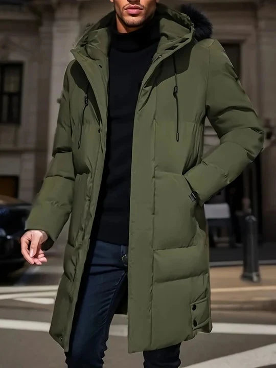 Men's Long Winter Jacket Weather-Resistant Adjustable Hood & Multiple Pockets