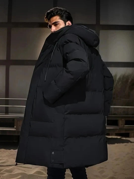 Men's Long Winter Jacket Weather-Resistant Adjustable Hood & Multiple Pockets