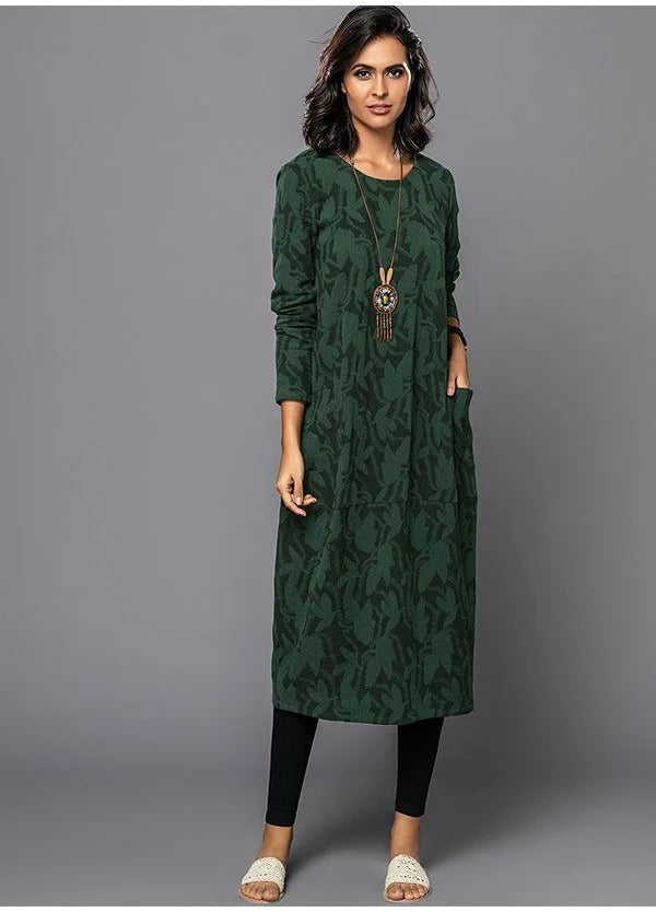 Midi Dress Long Sleeve Cotton Blend & Side Pockets