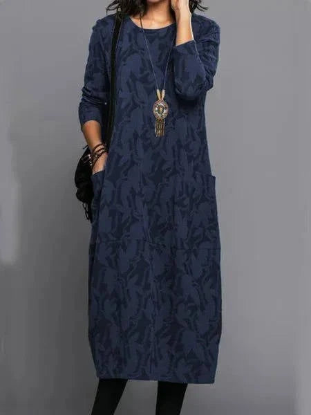 Midi Dress Long Sleeve Cotton Blend & Side Pockets