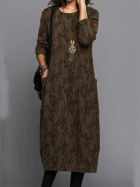 Midi Dress Long Sleeve Cotton Blend & Side Pockets