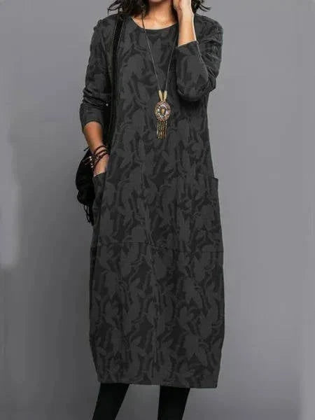 Midi Dress Long Sleeve Cotton Blend & Side Pockets
