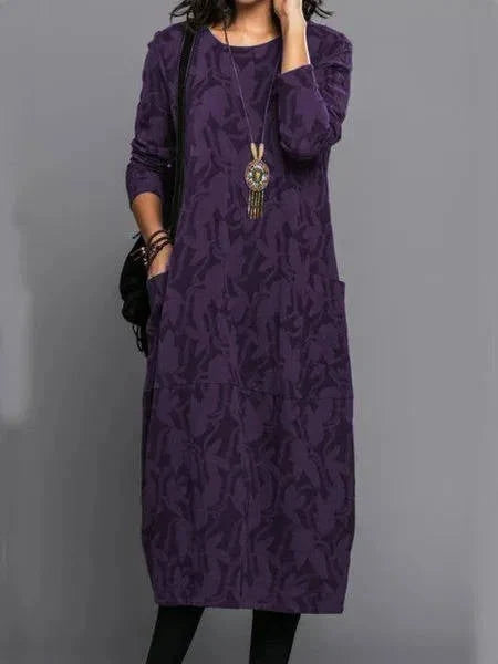 Midi Dress Long Sleeve Cotton Blend & Side Pockets