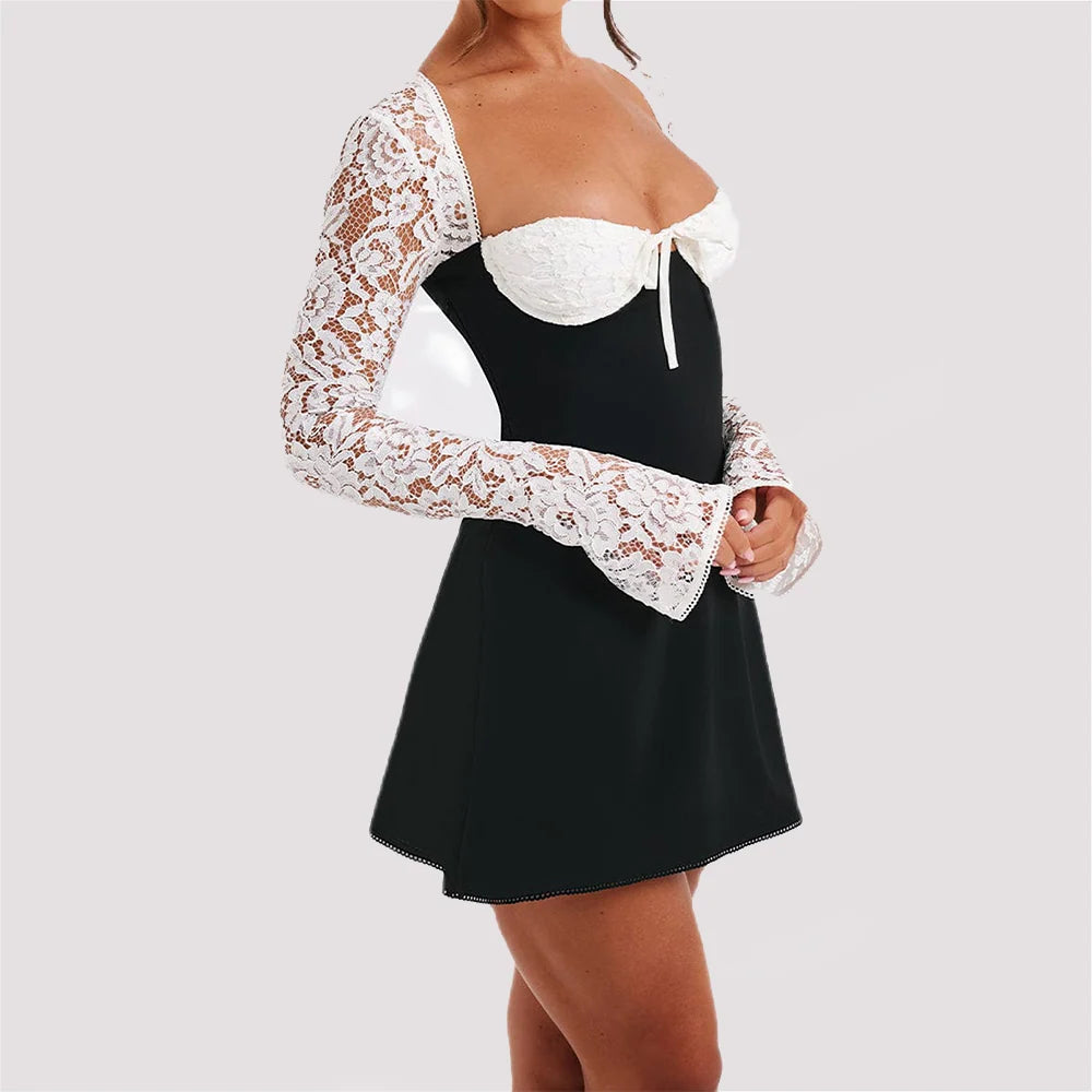 Mini Dress Lace Long Sleeve Backless Lace-Up Corset Detail