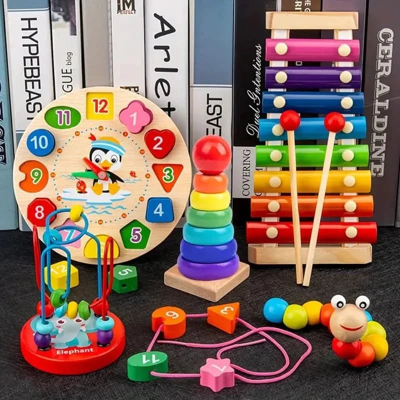 Montessori Baby Toy Set Natural Wood 5 Learning Modules