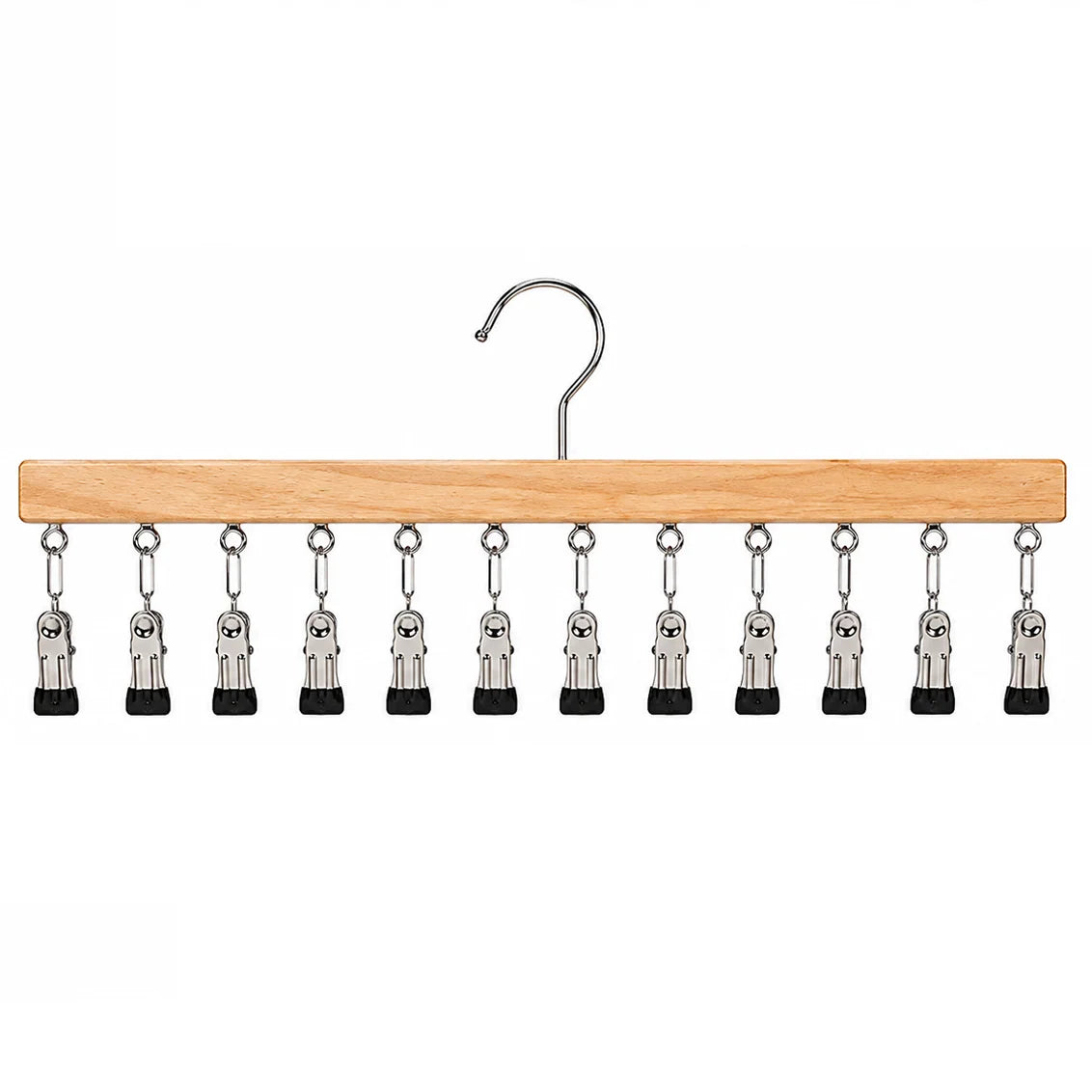 Multi-Clip Clothes Hanger Wooden Bar & 12 Metal Clips