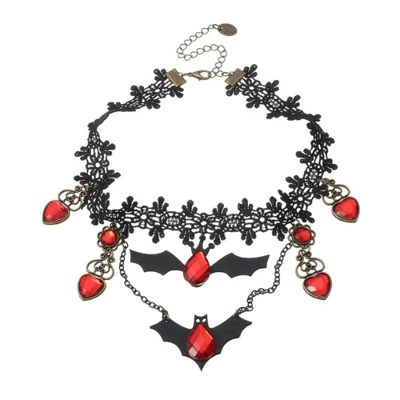 Necklace Gothic Bat Pendant Ruby Heart Adjustable Metal Chain