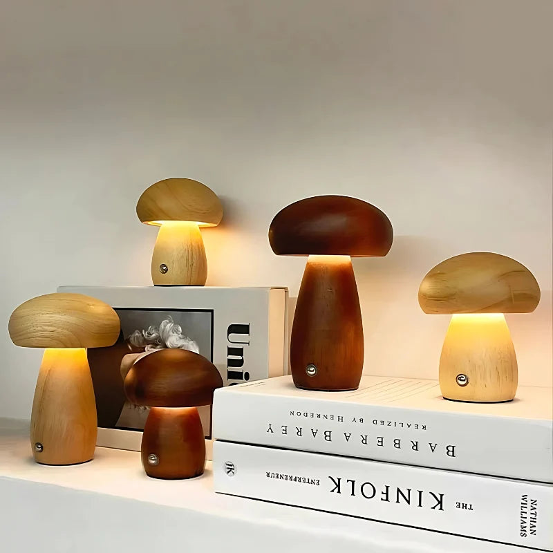Night Light Mushroom Touch Dimmable Solid Beech USB Rechargeable
