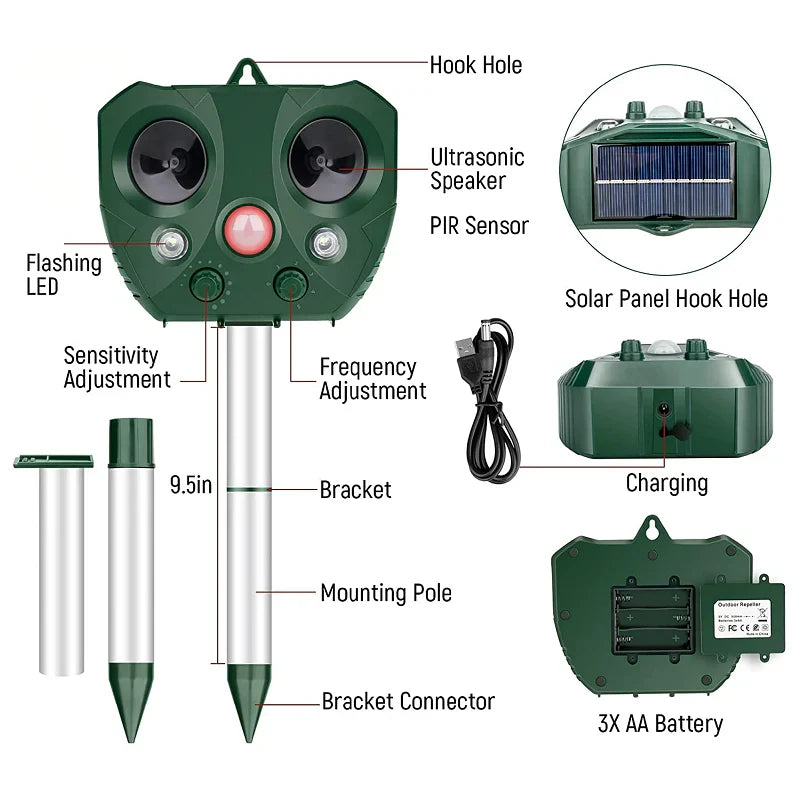 Outdoor Bird Repeller Ultrasonic & LED Solar Powered
