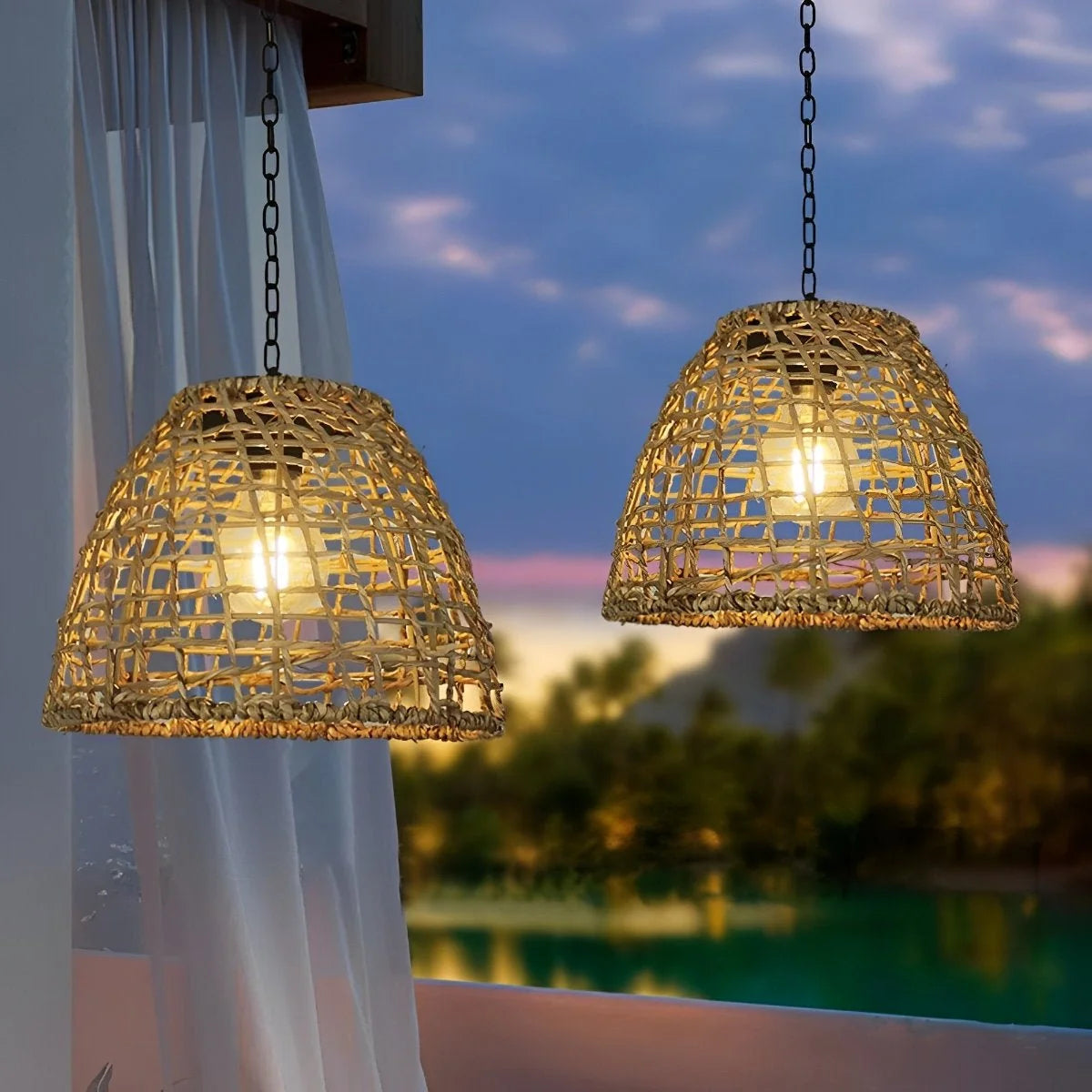 Outdoor Lantern Solar Woven Rattan Weatherproof