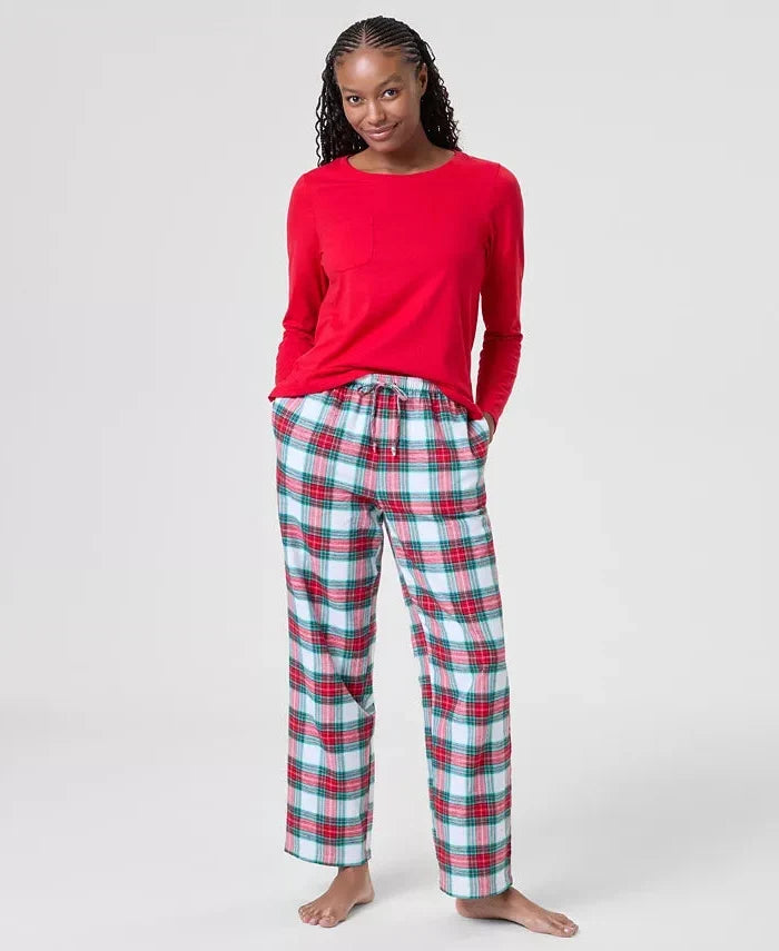 Pajama Set Plaid Flannel Heat-Trapping Drawstring Waist & Pockets