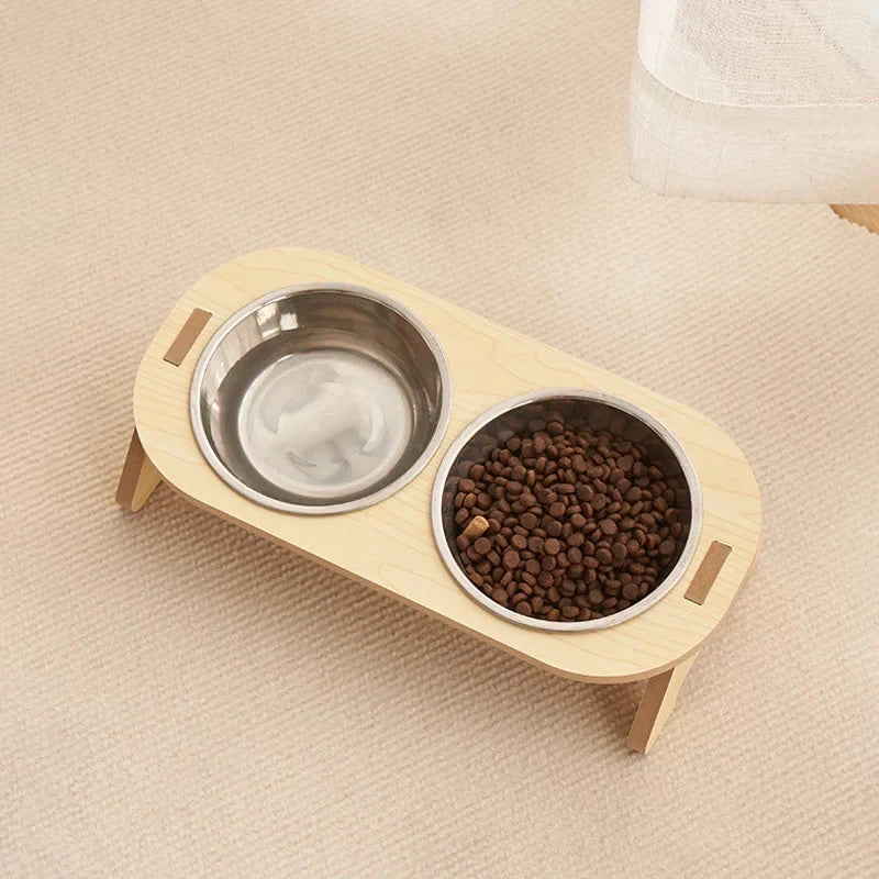 Pet Feeding Bowl Elevated Hardwood Removable Stainless Steel Bowls