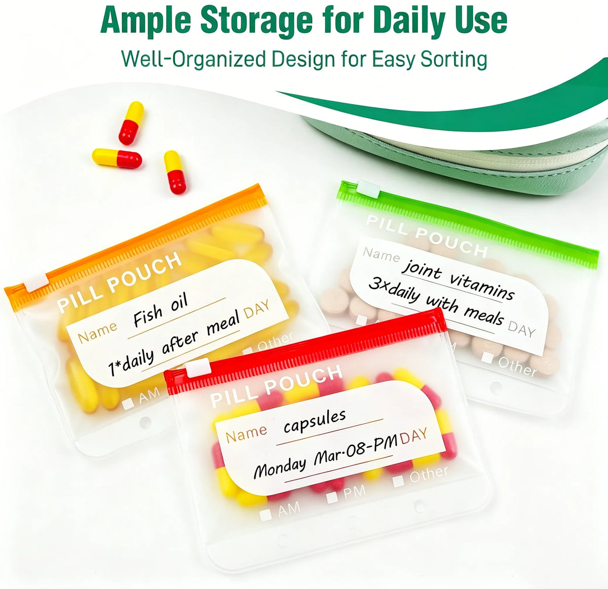 Pill Organizer Ring Binder Writable & Waterproof Pouches