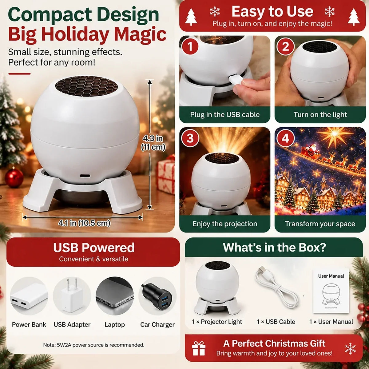 Projection Night Light USB-Powered Wall & Ceiling Scenes