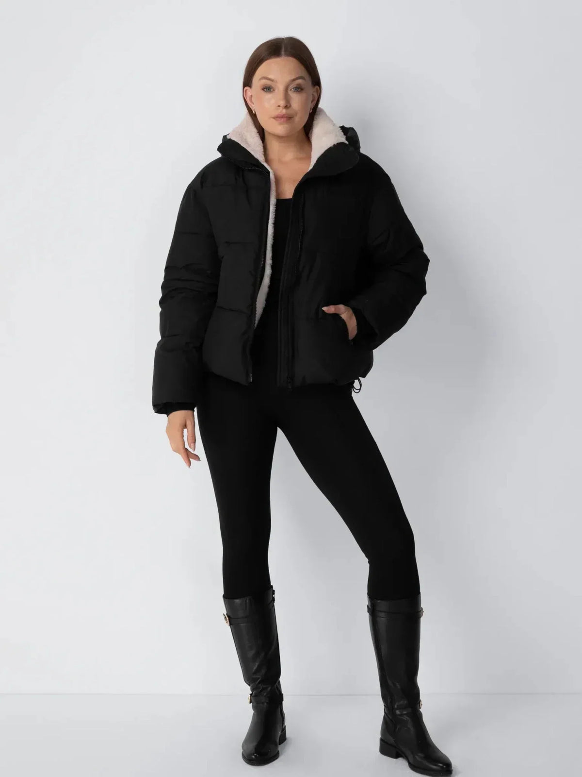Puffer Jacket Cropped Quilted Faux Fur Lined Detachable Hood